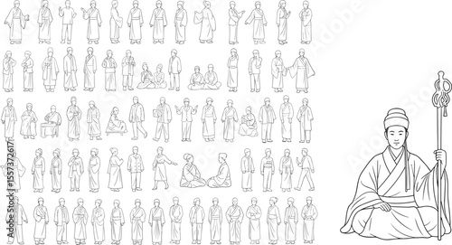  Traditional Asian monk clothing, cultural people poses, line art illustration set, historical costume figures, meditation, robe fashion, ancient heritage design

flat vector illustration