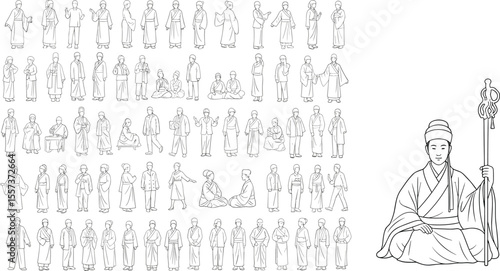  Traditional Asian monk clothing, cultural people poses, line art illustration set, historical costume figures, meditation, robe fashion, ancient heritage design

flat vector illustration