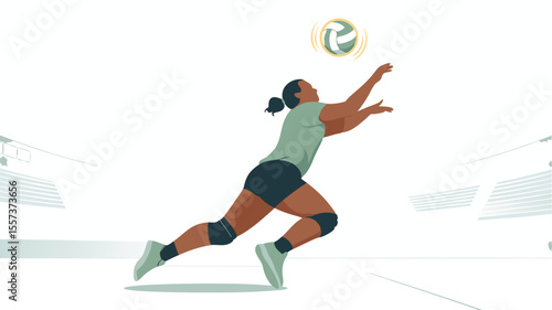 Animated Woman Volleyball Player Spiking Ball with Arms Extended in Stadium Illustration on Light Background