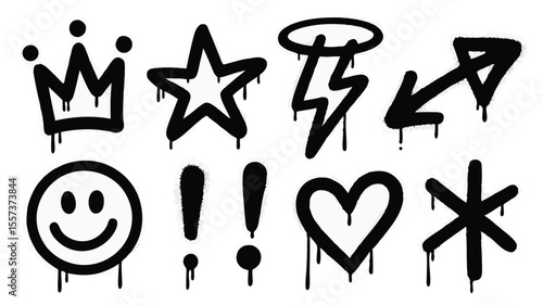 Black Spray Paint Graffiti Symbols Crown, Star, Lightning Bolt, Arrow, Smiley, Exclamation, Heart, Asterisk