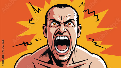 Cartoon Man Shouting with Anger, Wide Open Mouth, Eyes Glaring, with an Orange Background
