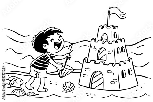 a child is playing on the beach making a castle out of sand for coloring book, coloring page, kids