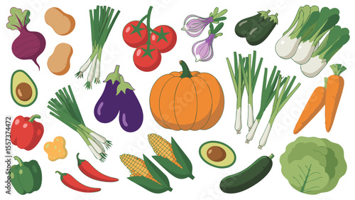 Colorful Illustration of Assorted Vegetables Including Pumpkin, Avocado, Corn, Peppers and More