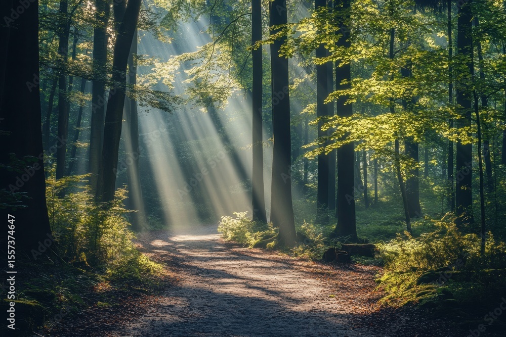 Obraz premium Sunlight streaming into foggy forest path