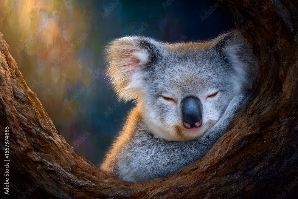 Fototapeta premium Close-up of adorable koala hugging tree, resting peacefully in natural habitat, native australian wildlife, nature conservation concept.
