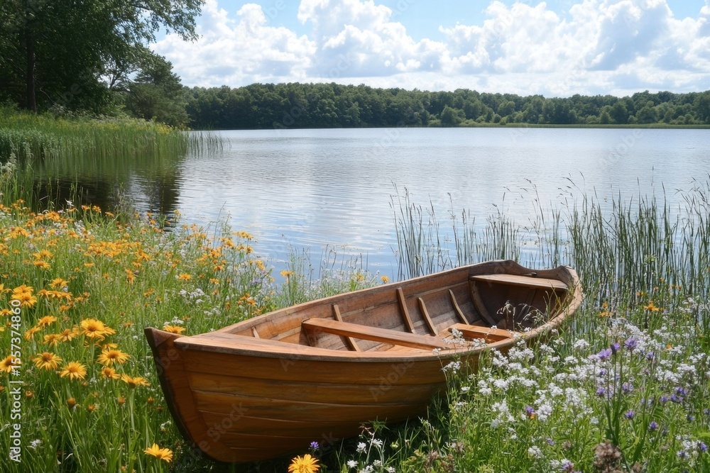 Wooden boats docked by wildflower lake shore Wooden boats docked by wildflower lake shore