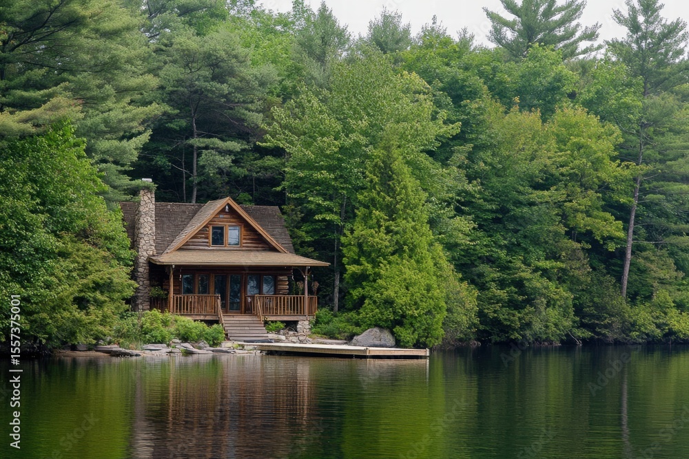 Fototapeta premium Idyllic wooden cabin by calm forest lake
