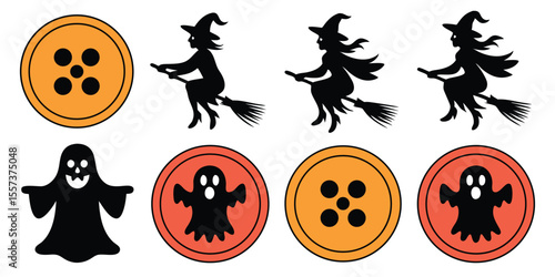 Halloween Icons Flying Witches, Spooky Ghosts, and Button Decorations on White Background