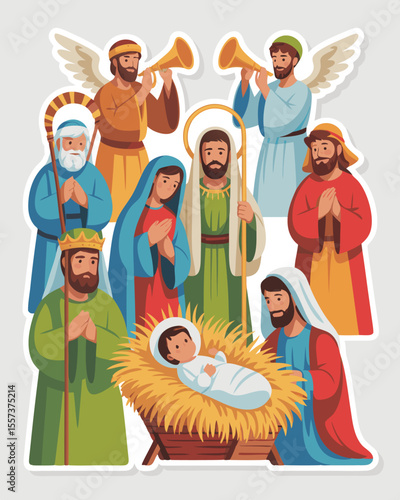 Illustrated Nativity with Baby Jesus, Mary, Joseph, and Angels Art