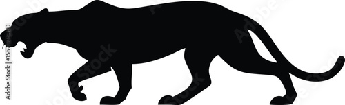Black silhouette of a powerful panther walking across a white background
