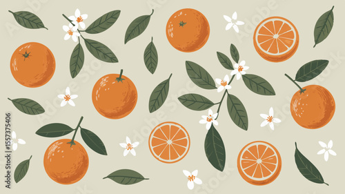 Patterned Orange Fruit Illustration Whole Oranges, Slices, Leaves, and White Blossoms on Beige