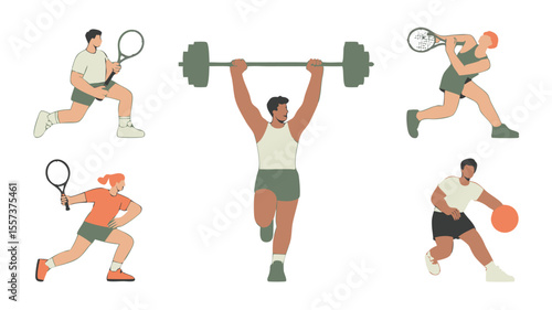 People Playing Tennis, Basketball and Lifting Weights, Diverse Sports Activities Illustration on White