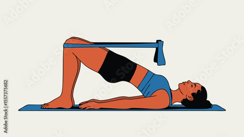 Woman Doing Glute Bridge Exercise with Resistance Band on Blue Yoga Mat
