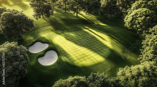 A sunlit golf course green surrounded by trees casting long shadows, with two sand bunkers nearby.
