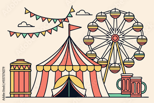 Vibrant Oktoberfest Illustration with Layered Beer Tents