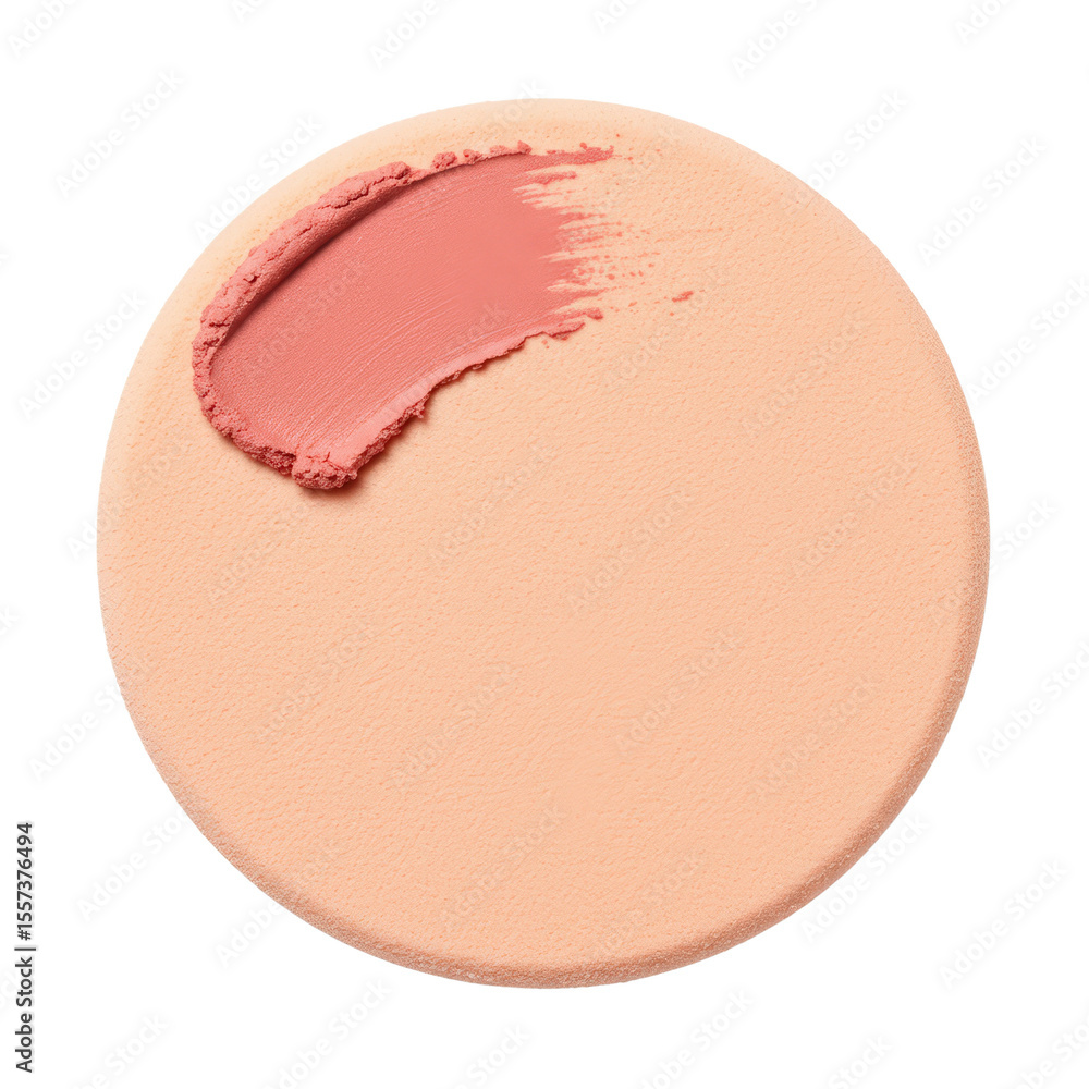 Makeup beige round sponge with a stain or smudge of pink blush on it, isolated on transparent background. Visage and make-up accessories, decorative cosmetic products Makeup beige round sponge with a stain or smudge of pink blush on it, isolated on transparent background. Visage and make-up accessories, decorative cosmetic products