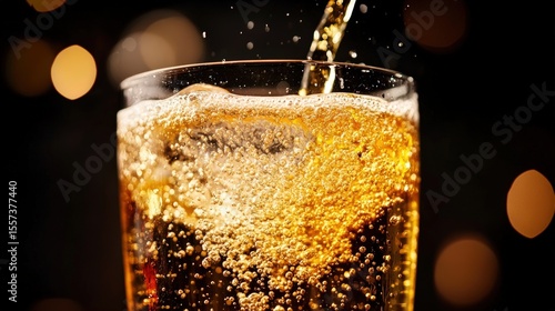 Wallpaper Mural A close-up of a carbonated golden drink being poured into a glass, with bubbles rising and a dark, blurred background. Torontodigital.ca