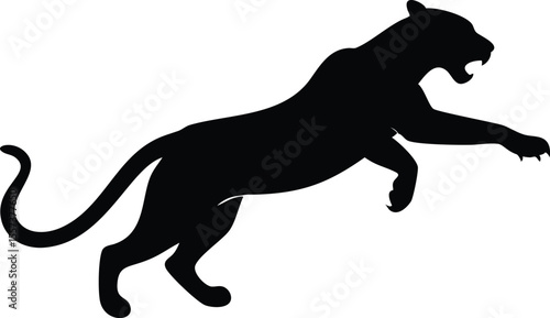 Silhouette of a powerful panther pouncing or leaping on an isolated white background