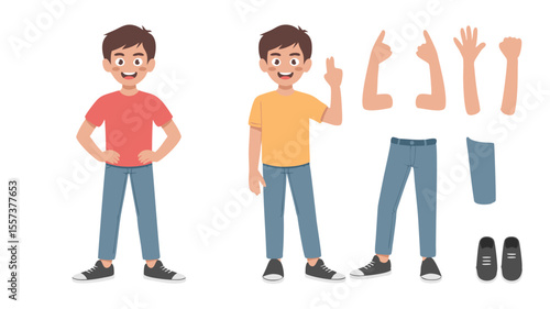 Cartoon Boy Character Builder Kit Customizable Poses, Clothing, and Body Parts on White Background