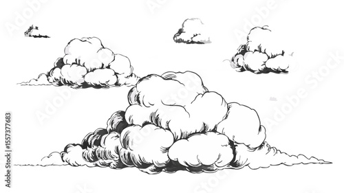 Cartoon Cloudscape Sketch Black and White Illustration of Cumulus Cloud Formations in the Sky