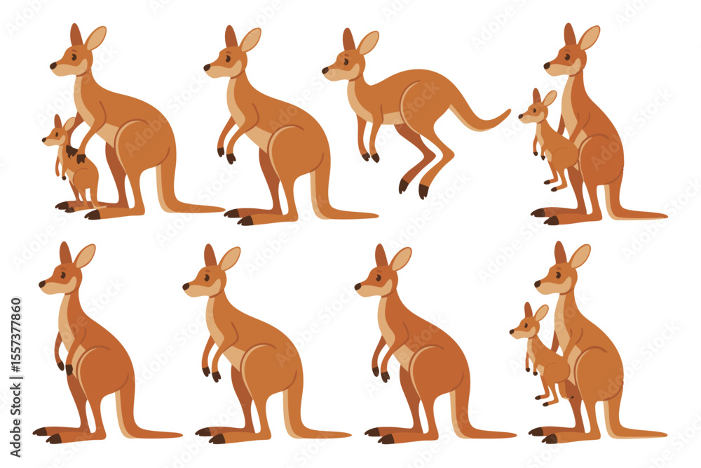 Obraz premium Cartoon Illustration of Kangaroos Mothers and Babies, Jumping, Standing, Isolated on White