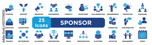 SPONSOR icon collection set. Containing funding,support,branding,partnership,visibility,investment,collaboration,endorsement,promotion,exposure icon. dual tone vector.	