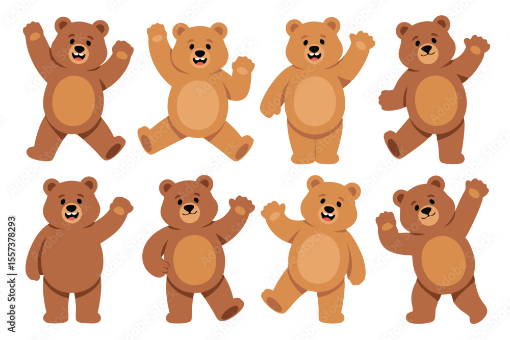 Eight Cartoon Brown Teddy Bears in Various Poses Waving and Jumping on a White Background Eight Cartoon Brown Teddy Bears in Various Poses Waving and Jumping on a White Background