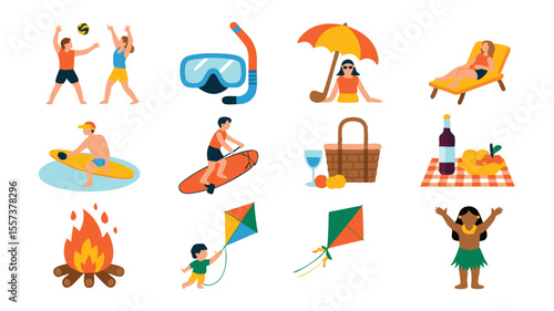 Diverse Beach Activities Illustration Volleyball, Snorkeling, Surfing, Picnic, Relaxing, Campfire, Kite Flying and Hula Dancer