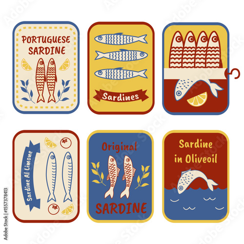 Hand drawn sardine tin illustrations. Vintage doodle style canned fish labels. Portuguese sardines, lemon olive oil seafood, retro fish packaging icons. 
Coastal Mediterranean product sketch art.