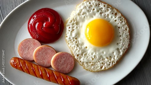 Breakfast Plate with Fried Egg and Sausage on White