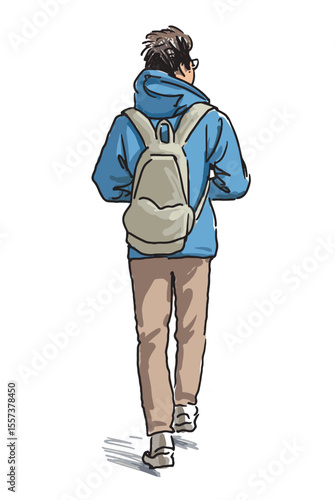 One casual young man tourist with backpack walking outdoors, rear view, freenahd realistic drawing, vector illustration isolated on white background