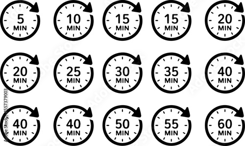 Clock timer icons minute intervals circular arrow vector