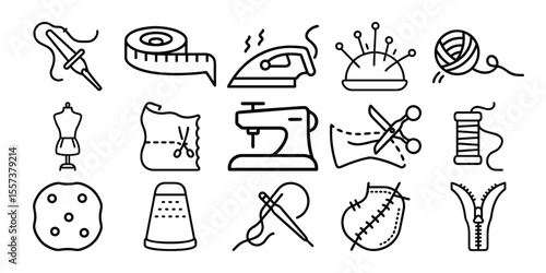 Collection of simple line art icons representing various sewing and tailoring tools and concepts