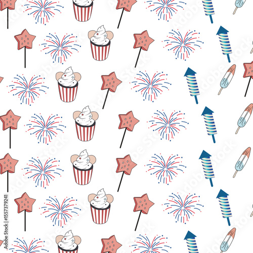 Patriotic fireworks and sparklers on a white background. Fourth of July. Independence Day. Vector seamless pattern. Pro Vector.