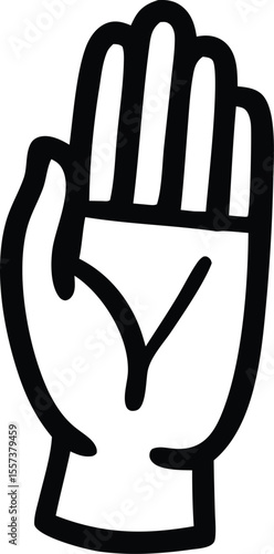 A simple black and white cartoon style illustration of an open hand with fingers spread apart palm facing forward conveying a gesture of greeting or stopping