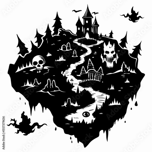 Spooky Floating Island with Haunted Castle and Eerie Skulls