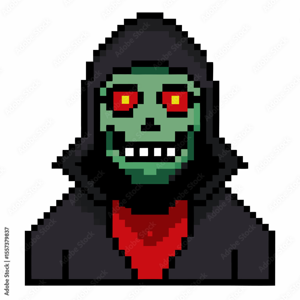Fototapeta premium Pixel Art Grim Reaper with Red Eyes in Dark Hooded Cloak