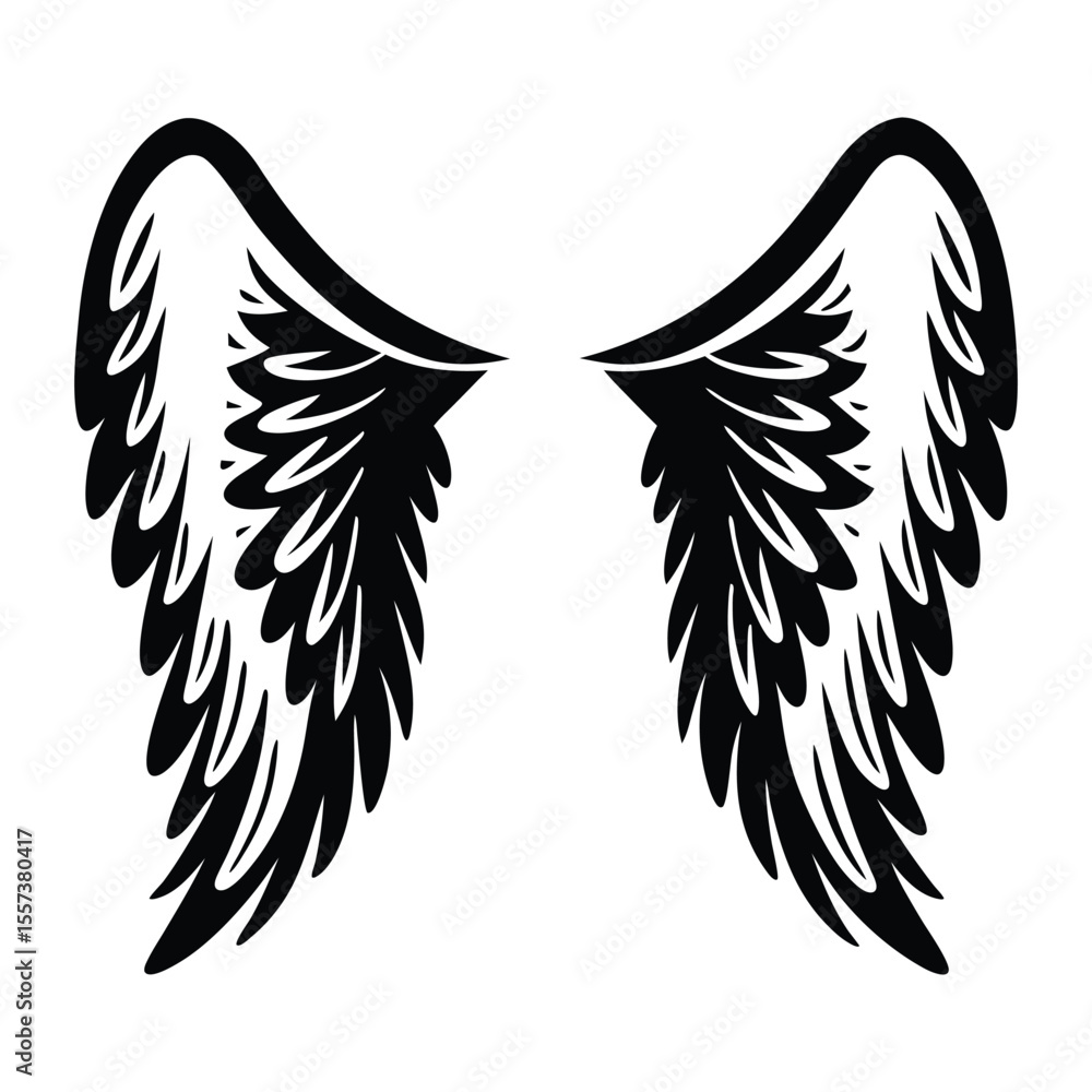 Obraz premium Angel wings vector illustration with black feather design in tribal and heraldic style