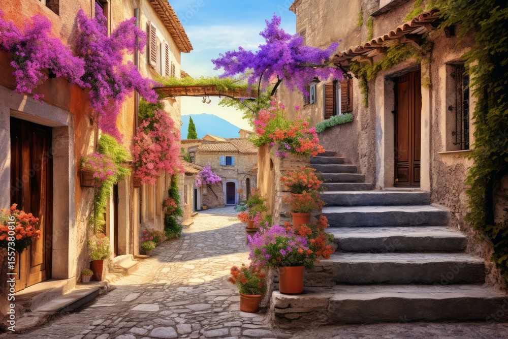 Obraz premium Colorful flowers overflowing from pots and hanging baskets adorn a charming italian street on a bright sunny day