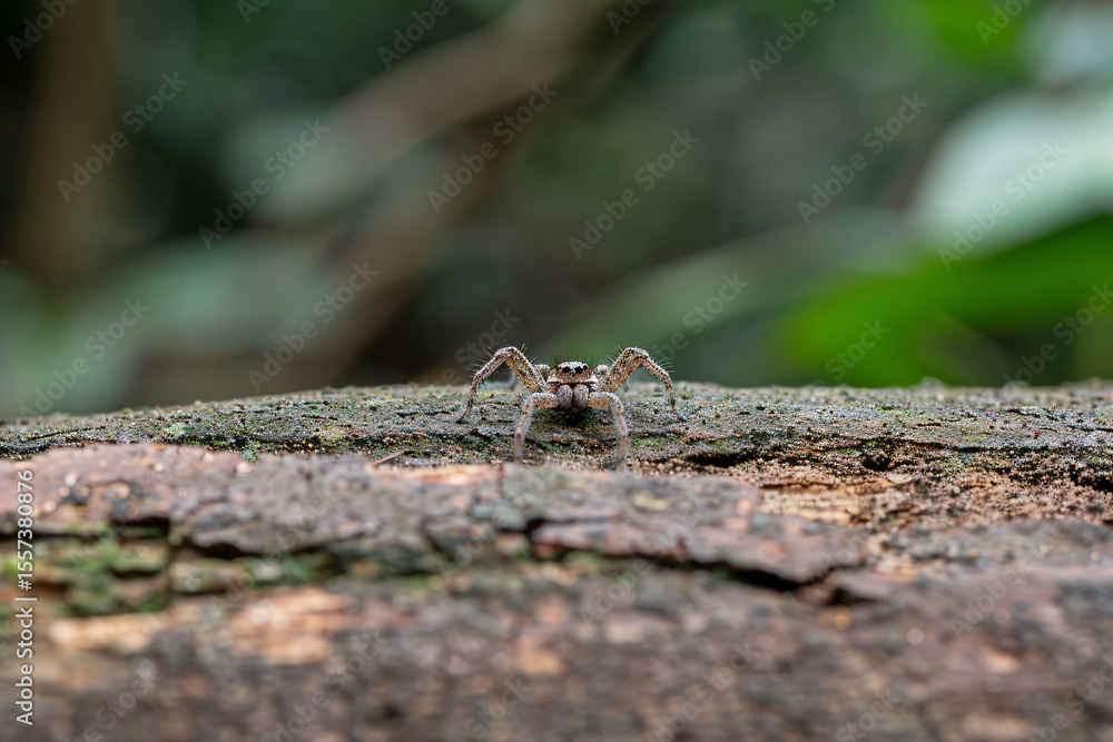 Obraz premium A close-up of a male spider perched on a wooden log in a lush green forest.