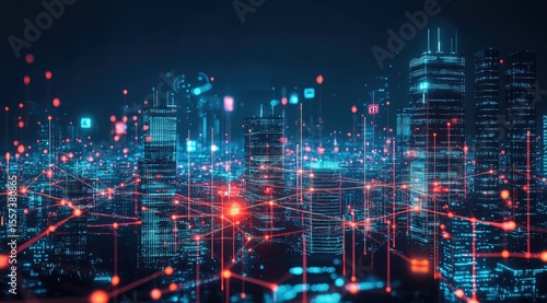 Wallpaper Mural Digital cityscape at night, glowing network Torontodigital.ca