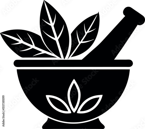Mortar and pestle with herbs silhouette icon on transparent background