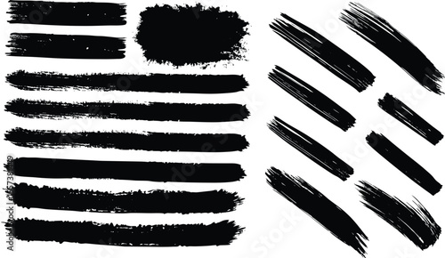 A set of hand drawn ink brush strokes and splashes creating grunge vector design elements with black paint texture for art and illustration
