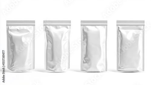 Blank White Foil Packaging Pouches Mockup Set of Four Stand-Up Bags