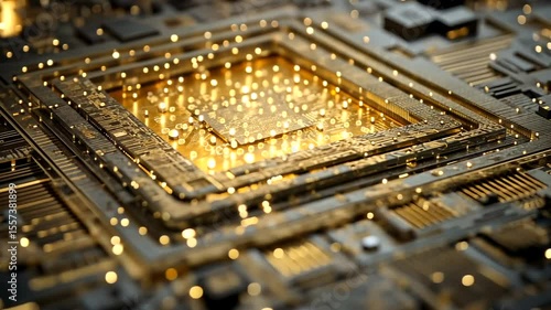Golden Circuit Board with Abstract Light Effects
