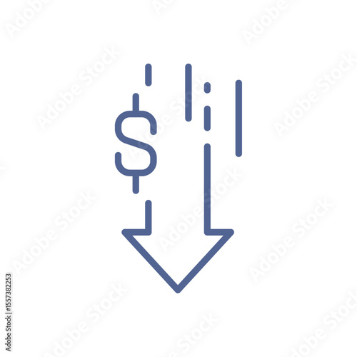 Financial crisis icon, minimal economic downturn symbol, declining market trend, money loss representation and bankrupt business element, simple economic risk indicator line flat vector illustration.