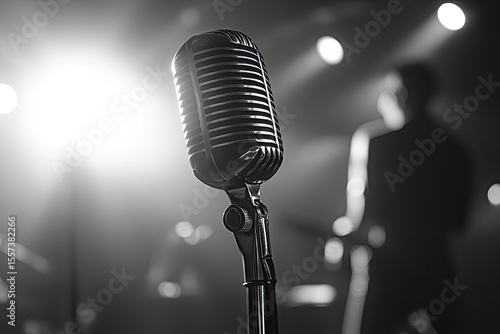 Retro microphone on stage.  Black and white photo of vintage microphone in spotlight, blurred background of band