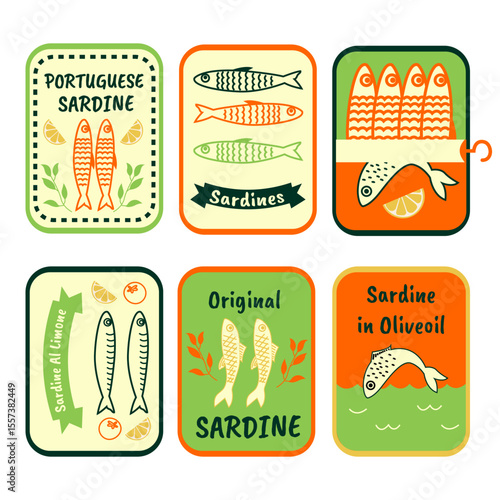 Hand drawn sardine tin illustrations. Vintage doodle style canned fish labels. Portuguese sardines, lemon olive oil seafood, retro fish packaging icons. 
Coastal Mediterranean product sketch art.