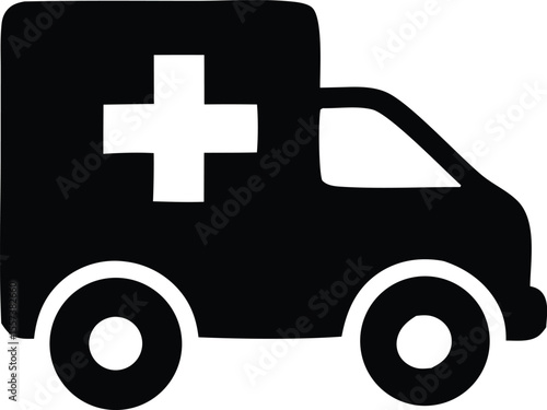 Simple black silhouette of an ambulance vehicle featuring a prominent white medical cross symbol on its side