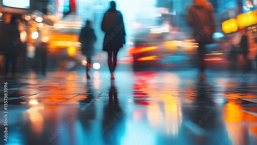 Fototapeta premium Blurry city street at night, wet pavement